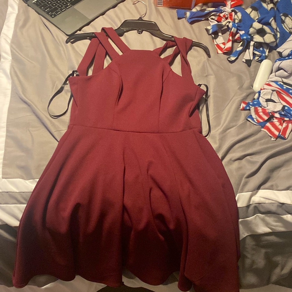Burgundy dress. Great for middle school formals.